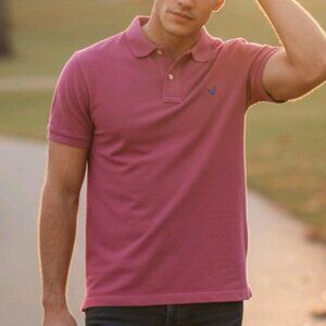 American Eagle Athletic Fit Hot Pink Polo Shirt Side Slits 2 Font Size L(ID39)